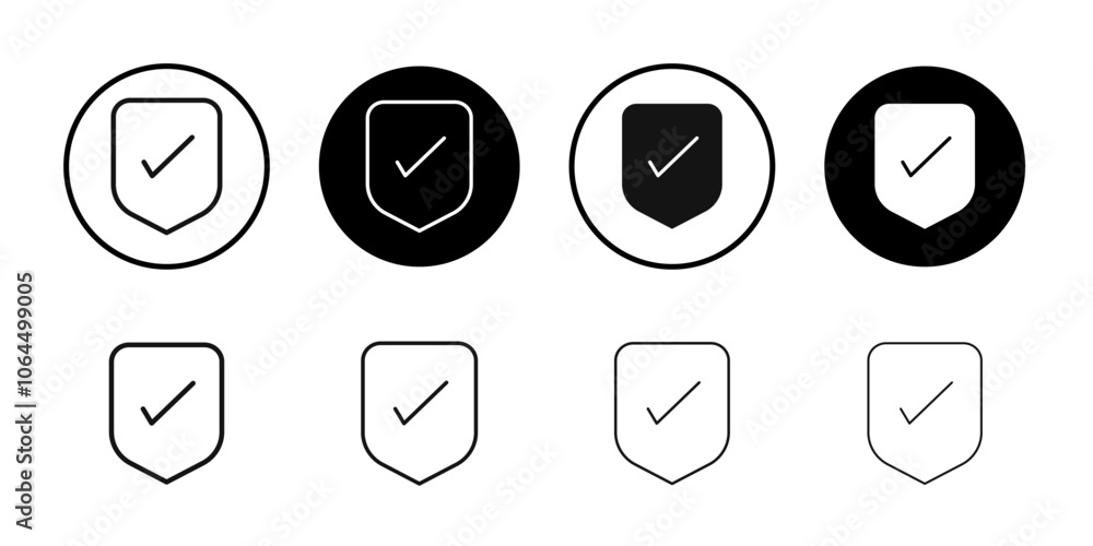 Shield check icon flat line symbol set. Shield check icon flat line symbol set.