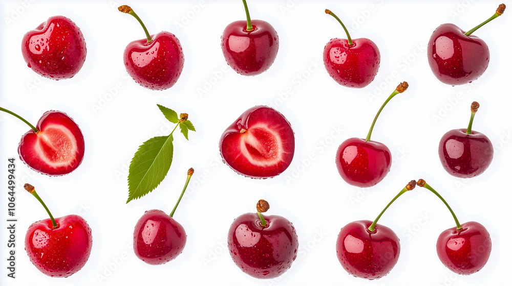 Whole and sliced fresh cherries in the air, isolated on a white background Whole and sliced fresh cherries in the air, isolated on a white background