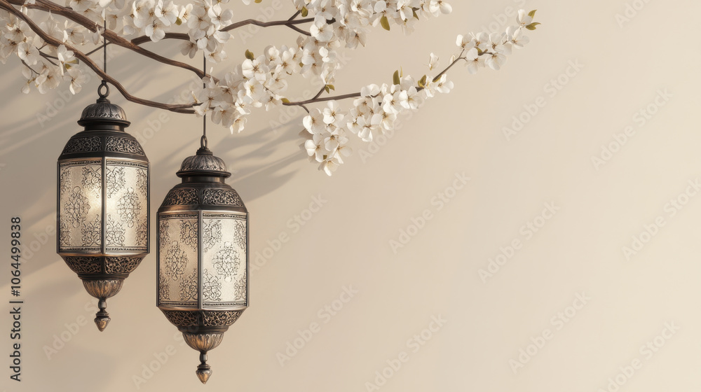 Ornate traditional lanterns hang gracefully from branch adorned with delicate flowers, creating serene and inviting atmosphere. intricate designs of lanterns add touch of elegance to scene Ornate traditional lanterns hang gracefully from branch adorned with delicate flowers, creating serene and inviting atmosphere. intricate designs of lanterns add touch of elegance to scene
