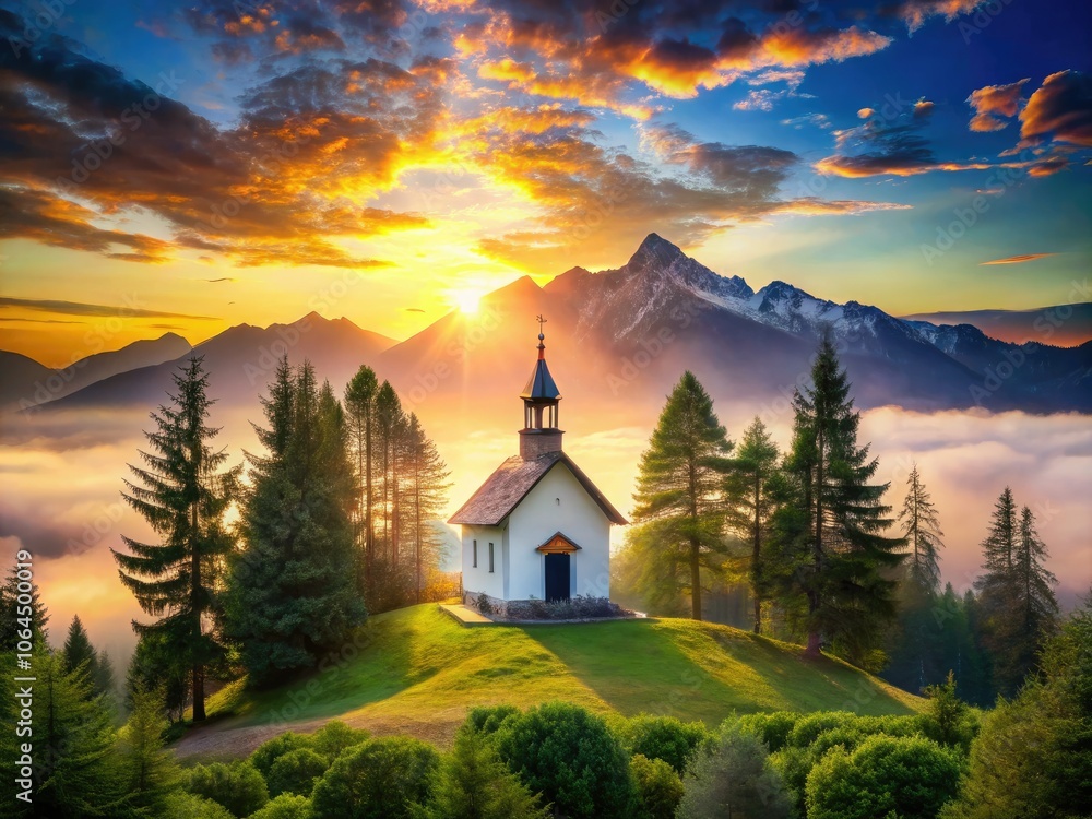 Fototapeta premium Ethereal Double Exposure of a Chapel Blending Nature and Spirituality for Tranquil Atmosphere