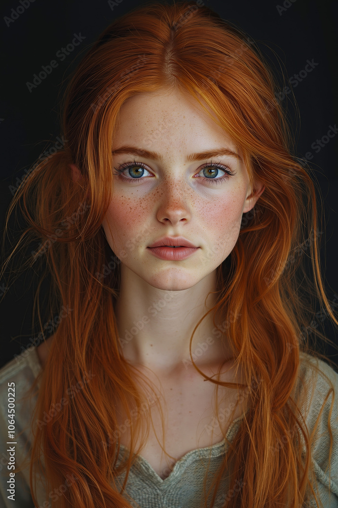 A young woman with red hair and freckles looking directly at the camera A young woman with red hair and freckles looking directly at the camera