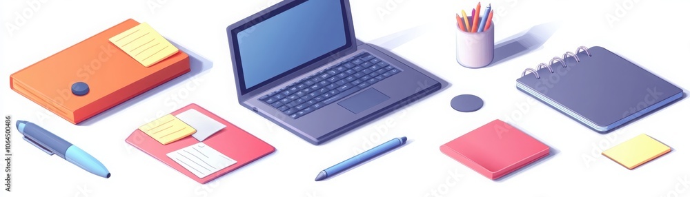 Modern office supplies icon set featuring laptop pen sticky notes and more for a functional workspace design Modern office supplies icon set featuring laptop pen sticky notes and more for a functional workspace design