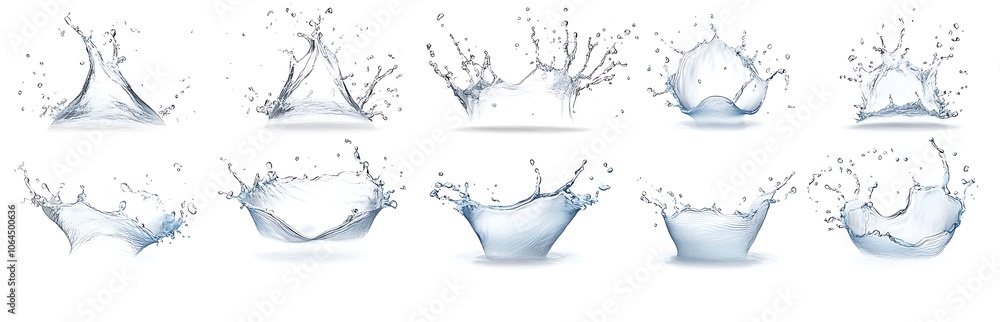 Set of realistic water splashes isolated on white background. High-quality water elements for design, advertising, and creative projects Set of realistic water splashes isolated on white background. High-quality water elements for design, advertising, and creative projects