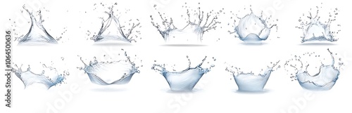 Set of realistic water splashes isolated on white background. High-quality water elements for design, advertising, and creative projects