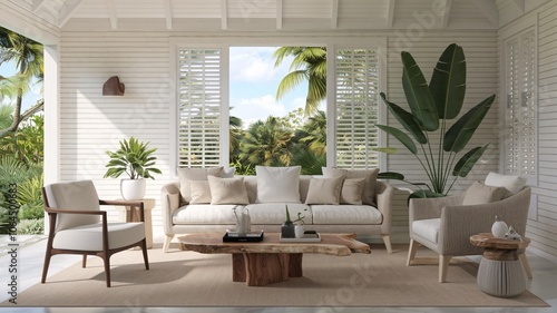 Tropical White tropical living room with wooden coffee table and white sofa.