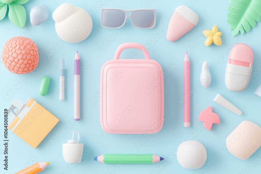 A colorful arrangement of pastel stationery and personal accessories including a pink backpack, pens, pencils, and playful items like sunglasses, laid out on a soft blue background for a fun A colorful arrangement of pastel stationery and personal accessories including a pink backpack, pens, pencils, and playful items like sunglasses, laid out on a soft blue background for a fun