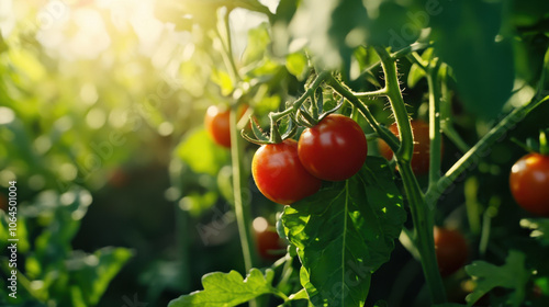 Fresh red tomatoes grow on lush green plants, basking in warm sunlight, symbolizing beauty of nature and joy of harvest