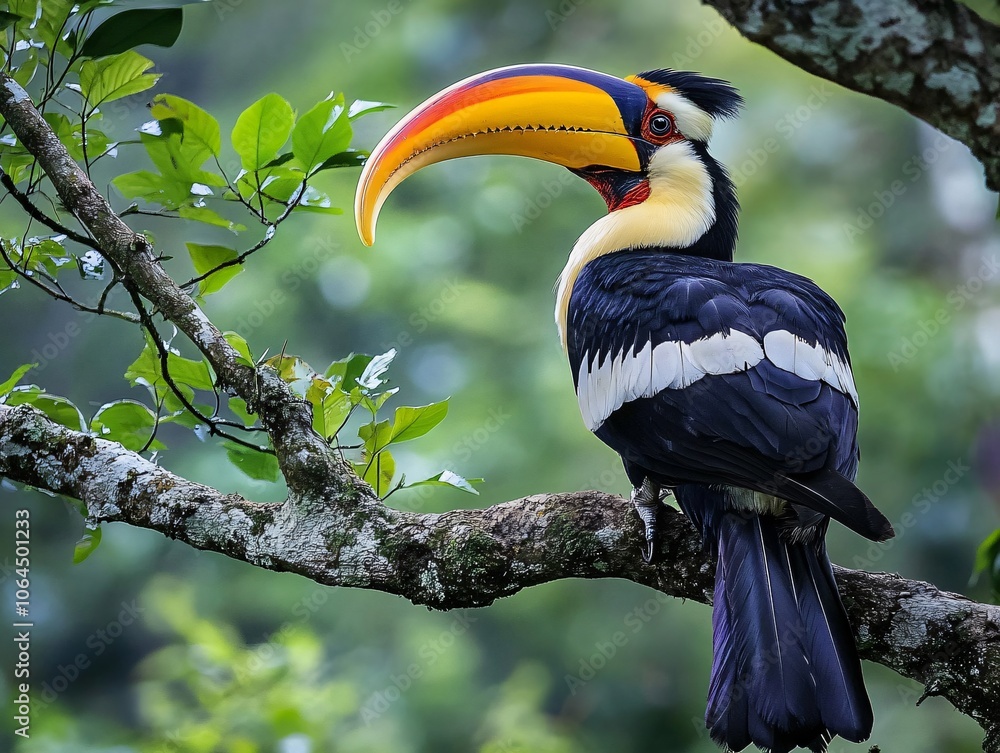 Obraz premium Hornbill Perched on Branch with Soft Natural Blur Background