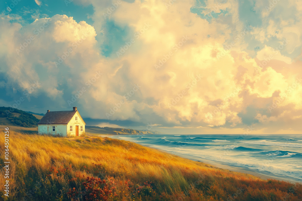 A small white house with a red door, surrounded by tall grass and flowers, overlooking a beach with waves crashing on the shore A small white house with a red door, surrounded by tall grass and flowers, overlooking a beach with waves crashing on the shore