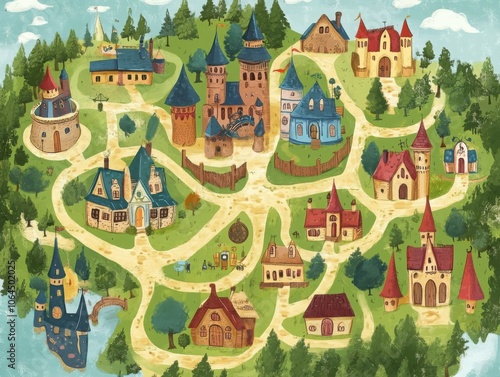 Whimsical map of a fictional town featuring unique buildings charming pathways and enchanted forests