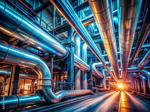 Industrial Cooling Pipes Long Exposure, Factory, Pipes, Steel, Steam, Condensation, Abstract, Blurred Motion, Light Trails, Industrial Plant, 