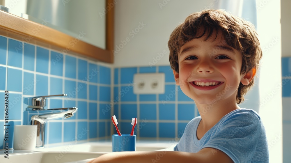 Smiling Boy in Bathroom with Blue Tiles Smiling Boy in Bathroom with Blue Tiles