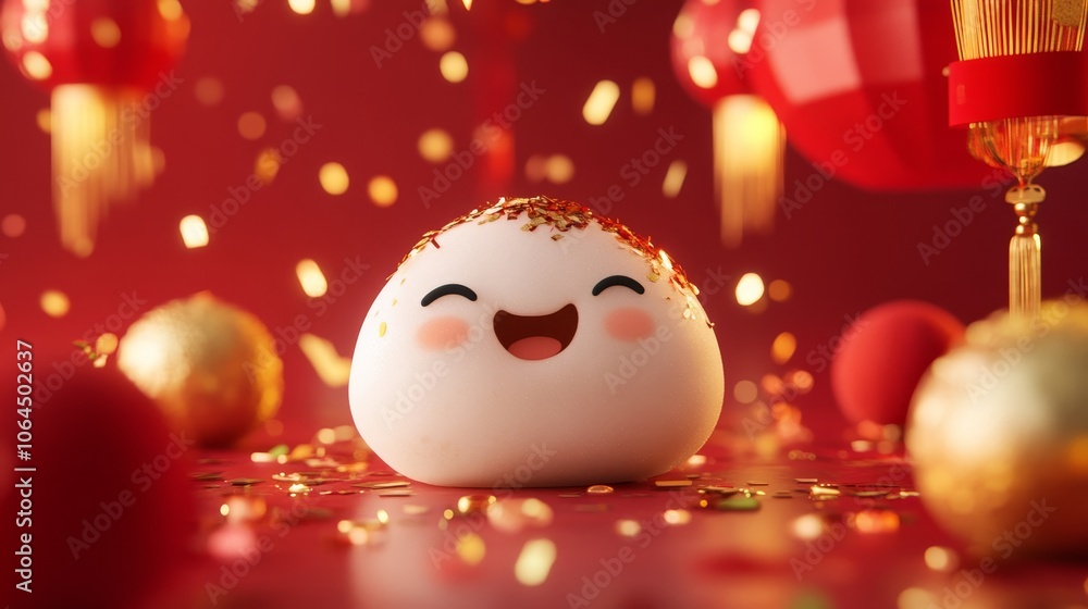 Obraz premium A cute dumpling character with a happy face, set against a vibrant Chinese New Year background with red lanterns, golden decorations, and festive confetti. 