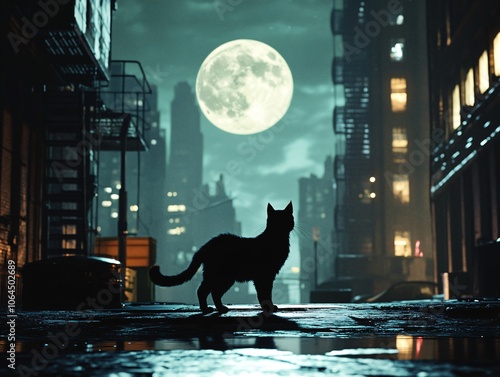 Black Cat in the City Under Full Moon with Soft Natural Blur Background photo