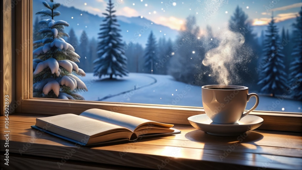 Cozy Winter Reading: Book and Coffee by the Window with Snowfall in Anime Style Cozy Winter Reading: Book and Coffee by the Window with Snowfall in Anime Style