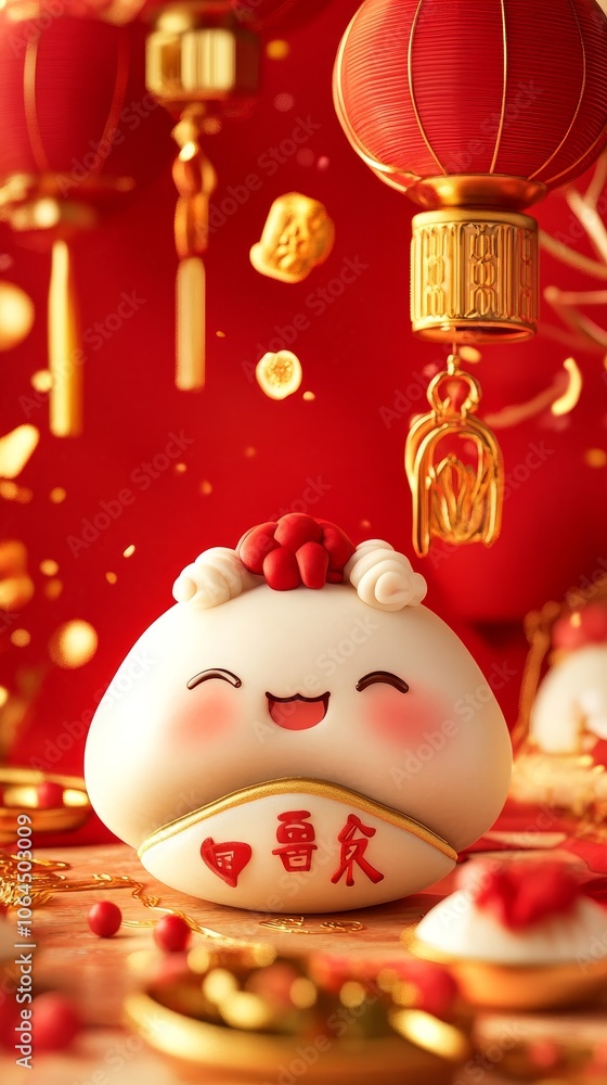 A cute dumpling character with a joyful expression, set against a vibrant Chinese New Year background featuring festive red lanterns, gold decorations, and traditional symbols of good luck. A cute dumpling character with a joyful expression, set against a vibrant Chinese New Year background featuring festive red lanterns, gold decorations, and traditional symbols of good luck.