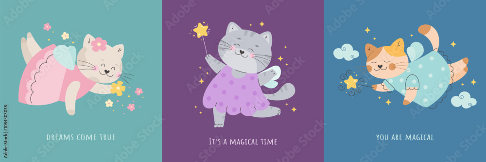 Cute fairy tale cat with wings magic poster set Cute fairy tale cat with wings magic poster set