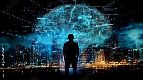 Wallpaper Mural A silhouette of a man standing in front of a city skyline with a digital brain graphic above his head. Torontodigital.ca