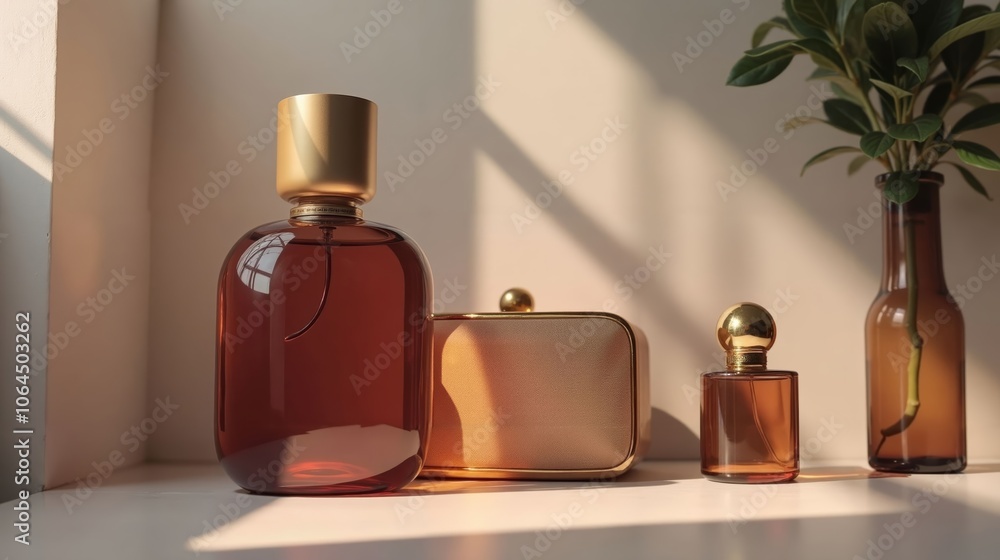 Elegant Perfume Bottles on Counter with Plant and Flower Vase Decor Elegant Perfume Bottles on Counter with Plant and Flower Vase Decor