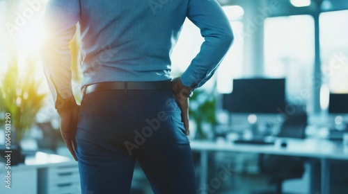 Office worker taking a break to do stretches in a modern office setting, promoting work-life balance and physical well-being in the workplace.