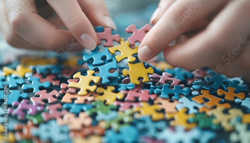Hands assembling vibrant puzzle pieces, showcasing creativity and focus, perfect for illustrating problem-solving and leisure activities.
