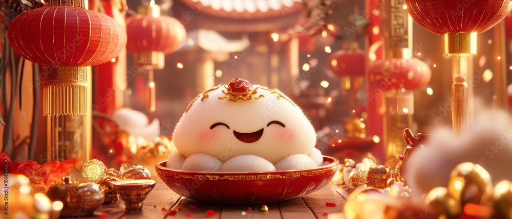 Naklejka premium A cute dumpling character with a joyful expression, set against a festive Chinese New Year background with red lanterns, golden accents, and traditional decorations, radiating warmth and celebration.
