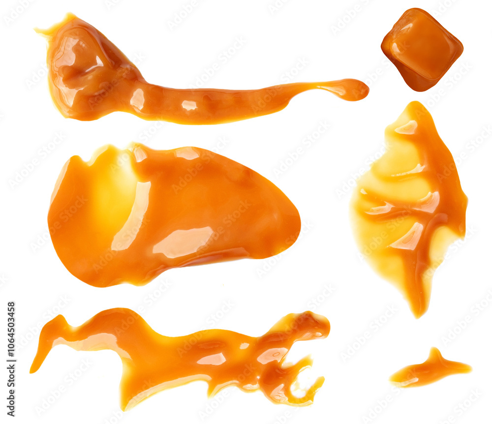 Caramel Isolated on white. Caramel with flowing sauce. Melting caramel pieces and smears set. Collection. Caramel design elements. Caramel Isolated on white. Caramel with flowing sauce. Melting caramel pieces and smears set. Collection. Caramel design elements.