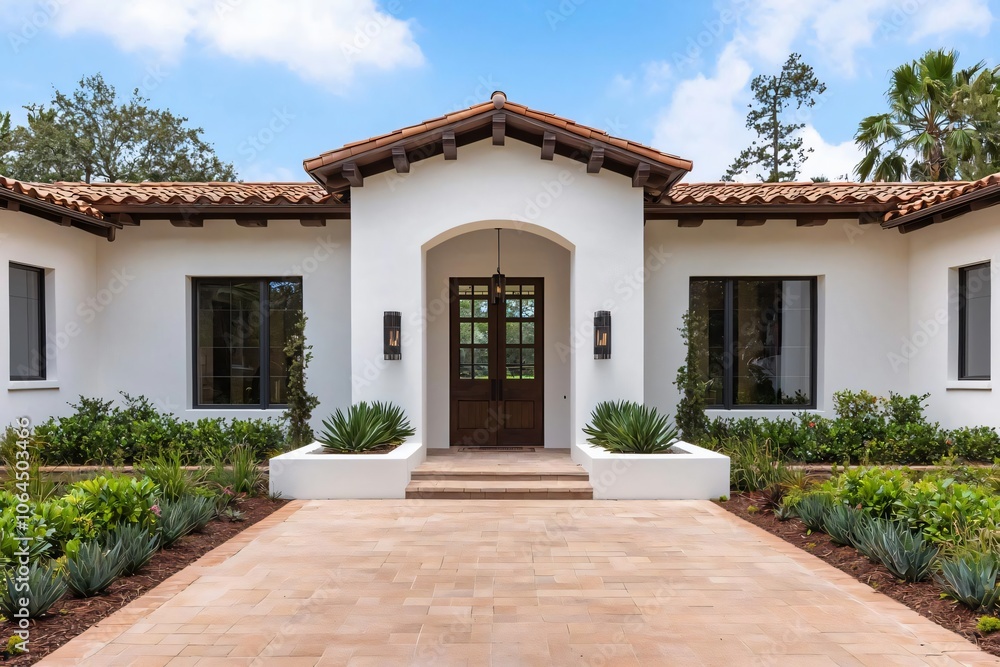 A beautiful modern home entrance featuring a stylish door, landscaped garden, and vibrant greenery under a clear blue sky. A beautiful modern home entrance featuring a stylish door, landscaped garden, and vibrant greenery under a clear blue sky.