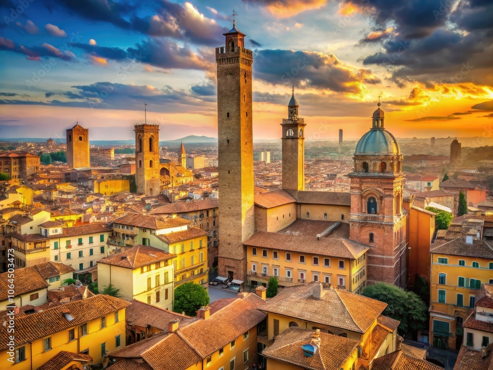 Fototapeta premium Experience Bologna's historic architecture and flavorful cuisine, showcasing famous landmarks and beautiful scenery, enticing travel enthusiasts to enjoy the cityâ€™s vibrant colors and diverse textur