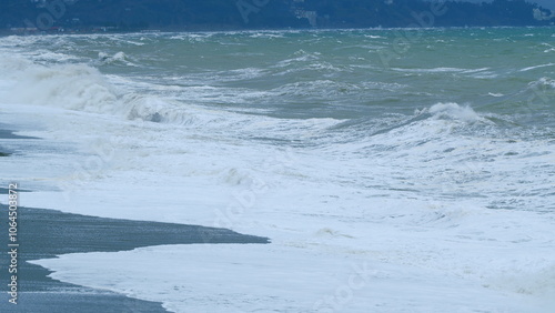 Extremely Big Wave Crashing Coast. Large Waves Hitting The Shore. Adjara, Georgia. Static. photo