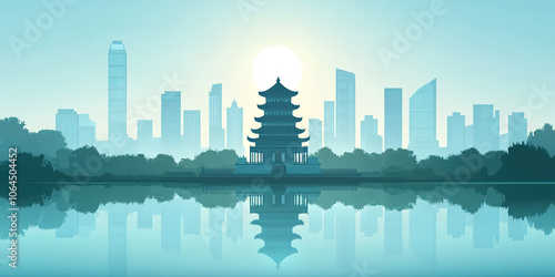 Chinese classical architecture and urban skyline silhouette illustration