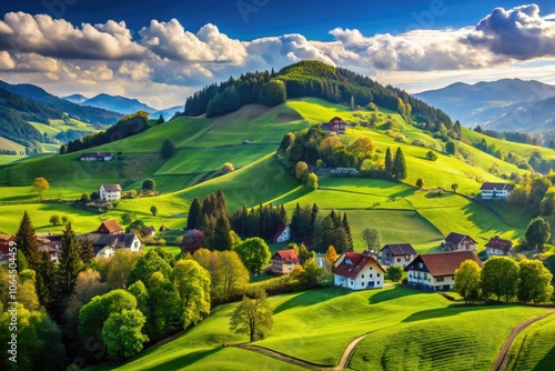 Explore the stunning Auf dem Hubel in Hettiswil, Switzerland, where verdant hills and tranquil landscapes create a charming rural atmosphere, ideal for nature photography and peaceful retreats. photo