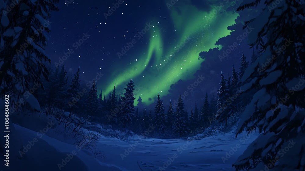 Fototapeta premium Aurora Borealis over Snowy Forest
