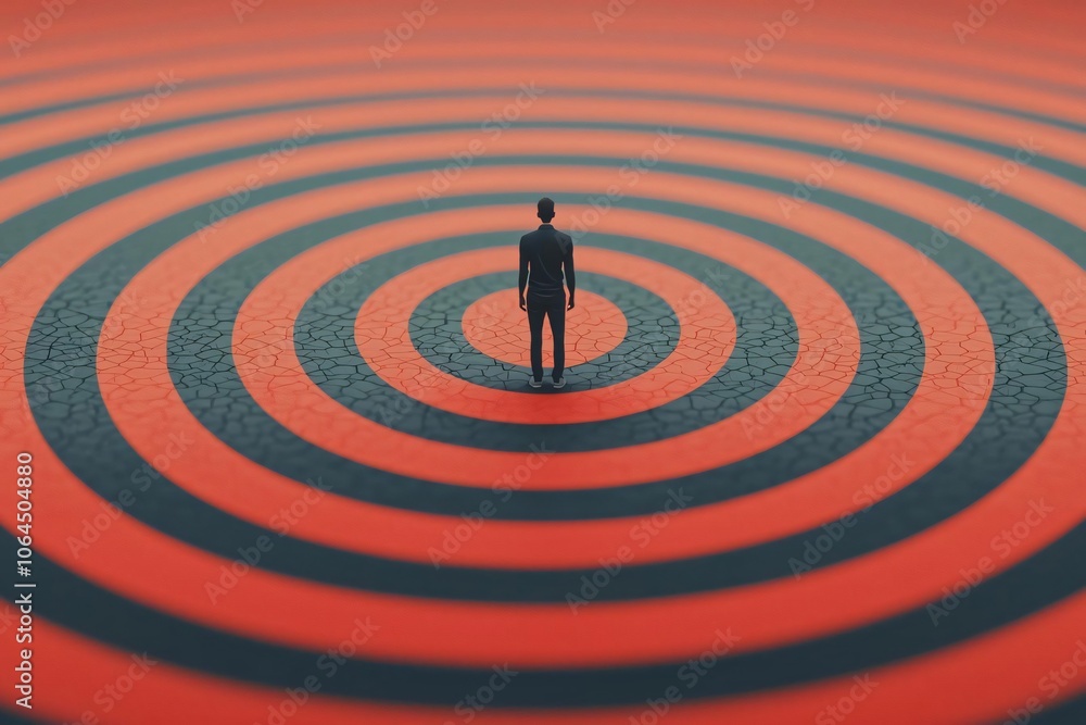 A lone figure stands amidst concentric circles, symbolizing isolation and contemplation in a vibrant red and black setting. A lone figure stands amidst concentric circles, symbolizing isolation and contemplation in a vibrant red and black setting.
