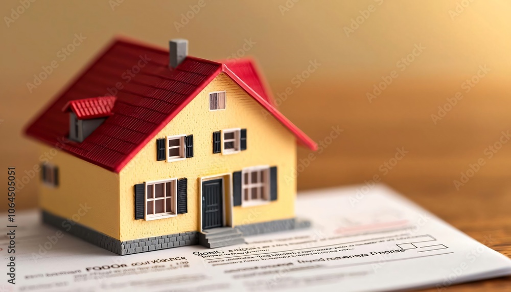 A miniature house model on a document, symbolizing home ownership and real estate investment opportunities. A miniature house model on a document, symbolizing home ownership and real estate investment opportunities.