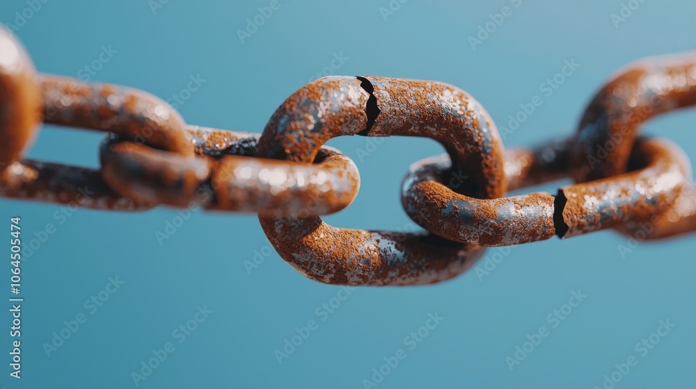 Explore the intricacies of a rusty chain link symbolizing strength and fragility in industrial settings Explore the intricacies of a rusty chain link symbolizing strength and fragility in industrial settings