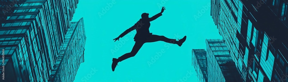 A silhouetted figure leaps between skyscrapers, capturing the essence of freedom and urban adventure amidst modern architecture. A silhouetted figure leaps between skyscrapers, capturing the essence of freedom and urban adventure amidst modern architecture.