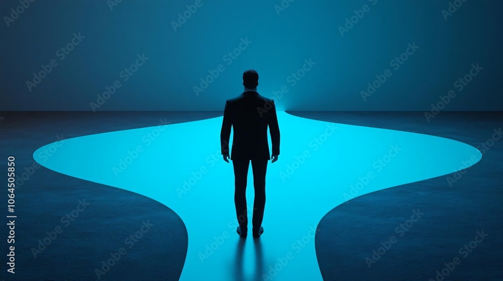 A silhouetted figure stands at the edge of a glowing blue path, symbolizing choice and seeking new opportunities. A silhouetted figure stands at the edge of a glowing blue path, symbolizing choice and seeking new opportunities.