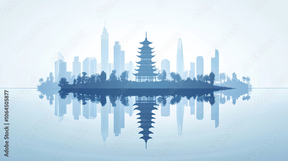 Fototapeta premium Chinese classical architecture and urban skyline silhouette illustration