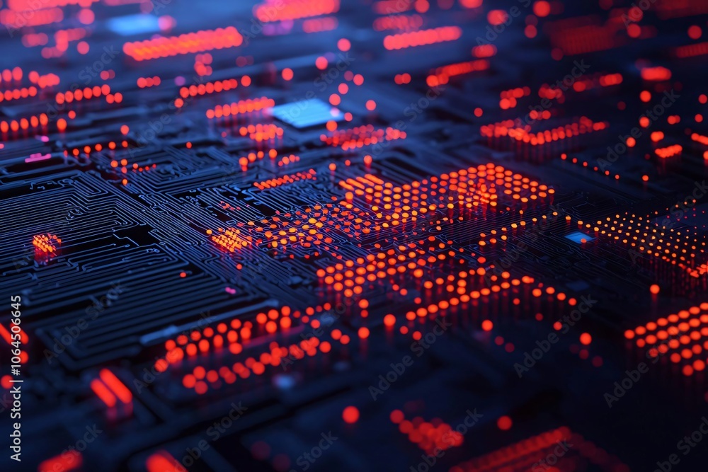 Close-up view of a dark circuit board with glowing red lights, showcasing modern technology and electronic design. Close-up view of a dark circuit board with glowing red lights, showcasing modern technology and electronic design.