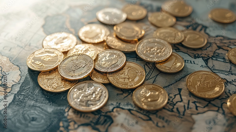 Collection of gold coins scattered across an antique map, symbolizing the history of trade, wealth, and exploration in a warm, nostalgic setting. Collection of gold coins scattered across an antique map, symbolizing the history of trade, wealth, and exploration in a warm, nostalgic setting.