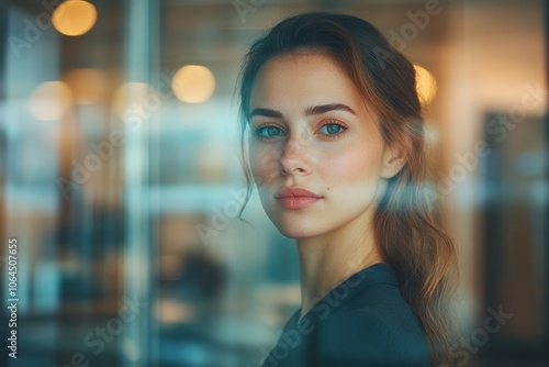 Modern business woman standing in office, team working on her behind glass wall, Depth of field