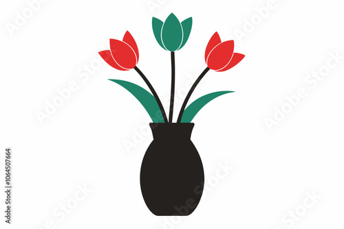 Tulip flowers with vase vector art illustration on white background. vector illustration.