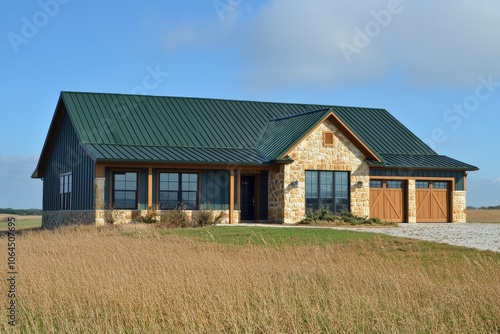 Modern barnhouse with green metal roof and stone walls on a sunny day