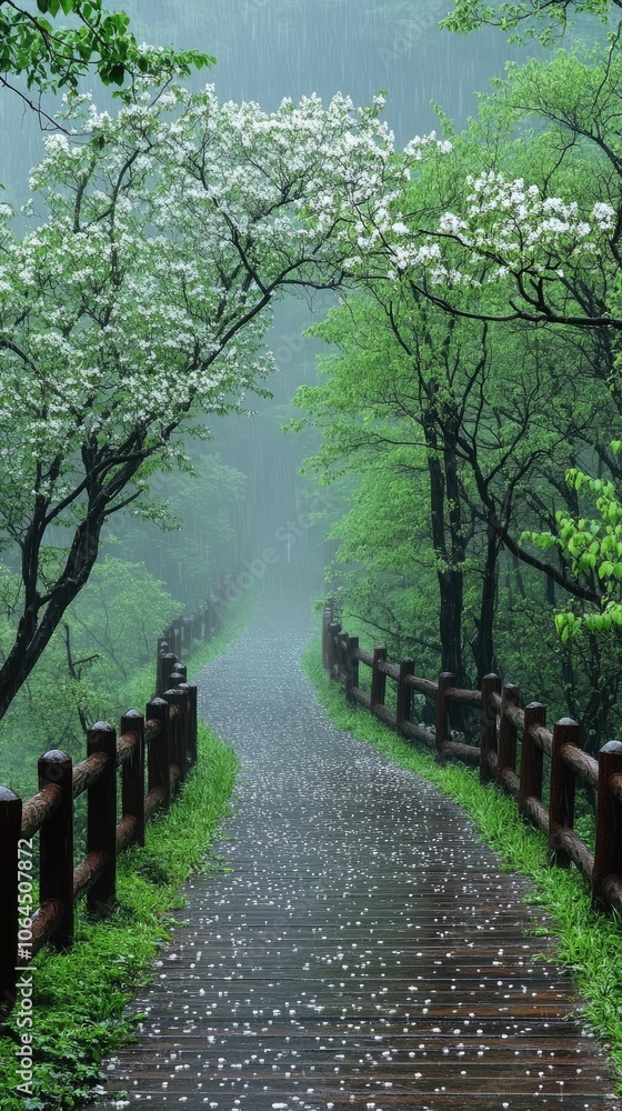 Rain falling on boardwalk path bordered by wooden fence and flowering trees Rain falling on boardwalk path bordered by wooden fence and flowering trees
