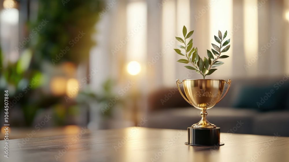 Close-up of a gold trophy with a laurel wreath engraved on it, symbolizing honor and excellence, placed in a modern and elegant interior Close-up of a gold trophy with a laurel wreath engraved on it, symbolizing honor and excellence, placed in a modern and elegant interior