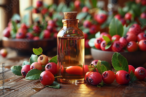A bottle of rosehip seed oil, with fresh rosehips in the background, serum based on rosehip seed oil for facial skin care in a cosmetic bottle among ripe rosehip berries.