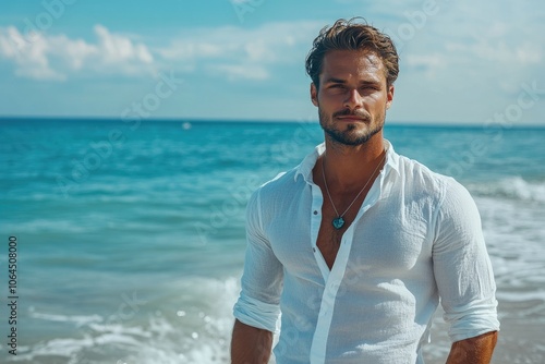 Handsome man wearing white linen shirt enjoying sunny day at beach