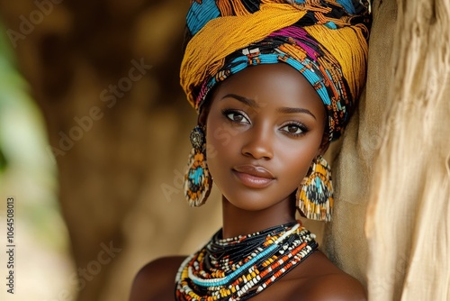 Beautiful african model wearing traditional colorful headdress and jewelry photo