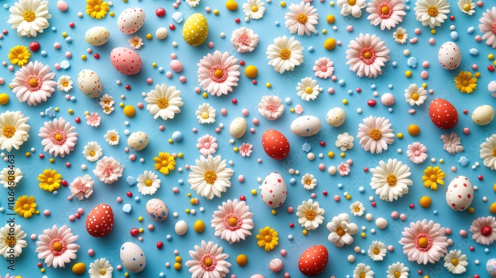 Fototapeta premium Colorful easter eggs and spring flowers creating a festive flat lay on blue background